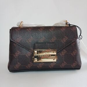 Nicole Miller Vegan Leather Brown With Gold Tone Details Cross Body Purse NWT